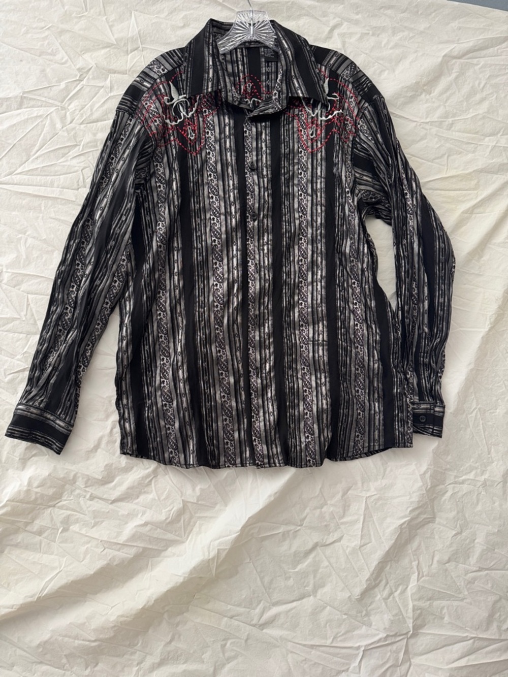 Men's Western Black & Gray Striped Casual Button-Down Shirt w/ Embroidery Accent